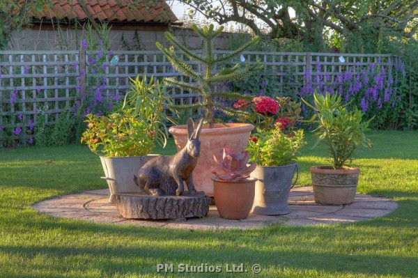 evening sunlight on potted display with a carved hare