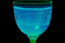 F23_0172r1+F23_0170r1+F23_0173r1-fl 28th January 2023: Lynnette's uranium glass: Composite: Green glass is UV fluorescence, blue is tonic water fluorescing. Example 2. 365nm torch with filter